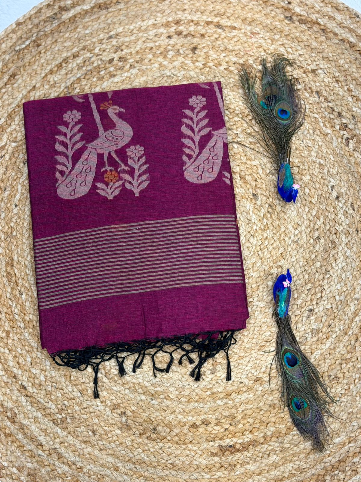 Premium Deep Purple Linen Saree with Woven Floral Border | Elegant Traditional & Festive Wear for Women