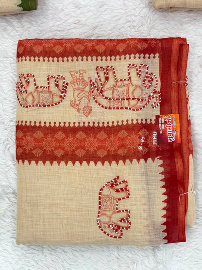 Ivory & Olive Green Elephant Motif Saree