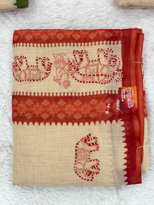 Ivory & Olive Green Elephant Motif Saree